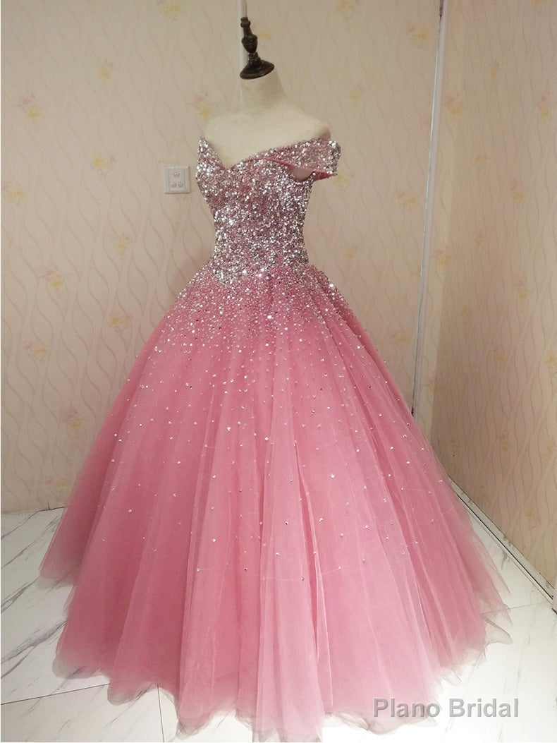 Lovely Pink Tulle Off Shoulder Sweet 16 Party Dress, Long Formal Gown Main image
