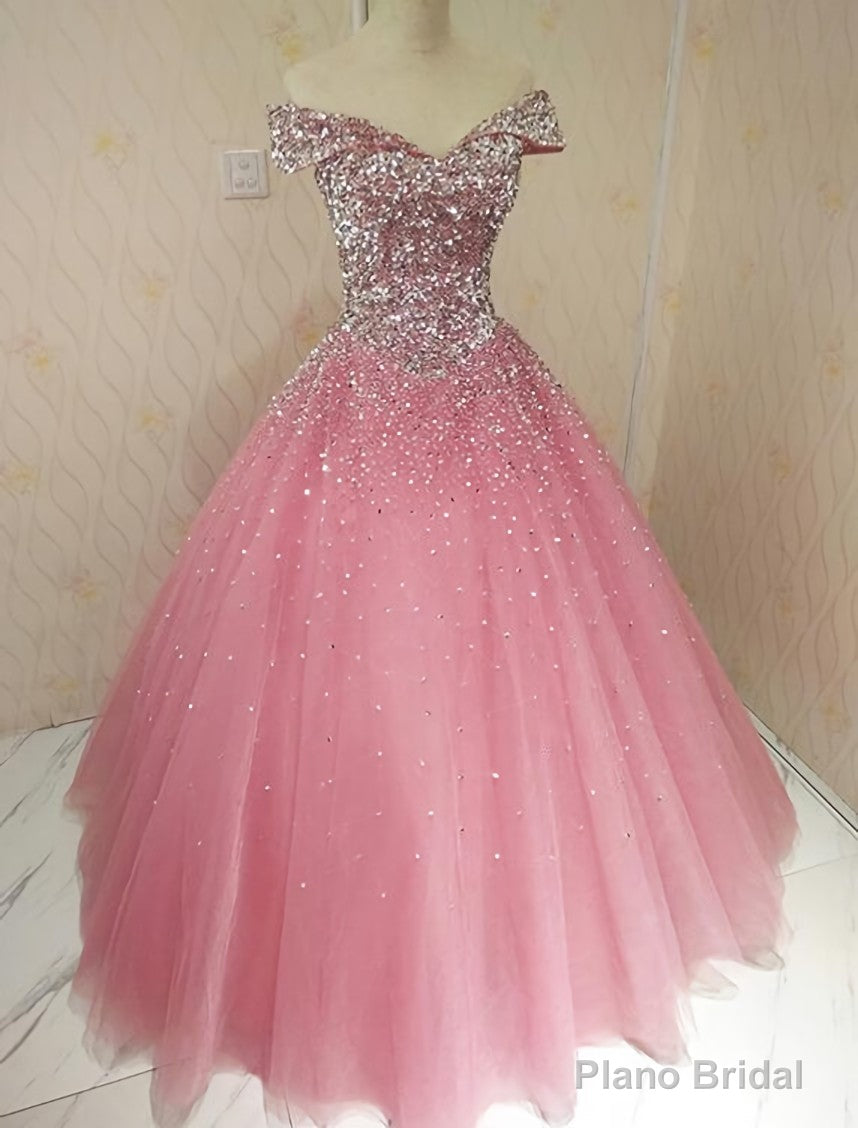 Lovely Pink Tulle Off Shoulder Sweet 16 Party Dress, Long Formal Gown