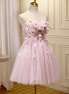 Lovely Pink Tulle with Flowers Short Party Dress, Pink Tulle Homecoming Dresses