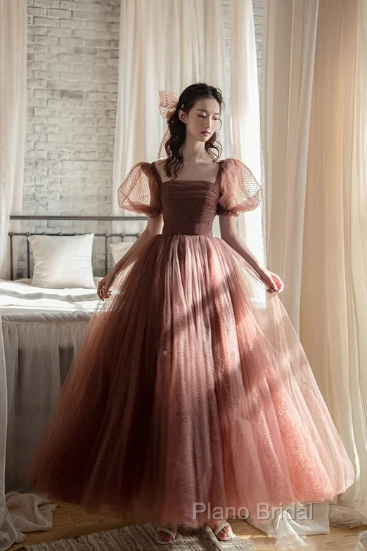 Lovely Puffy Sleeves Tulle Long Party Dresses, Scoop Ball Gown Long Formal Prom Dresses