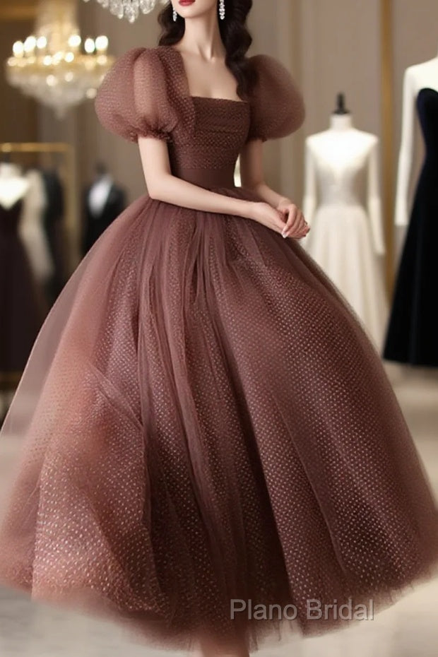 Lovely Puffy Sleeves Tulle Long Party Dresses, Scoop Ball Gown Long Formal Prom Dresses