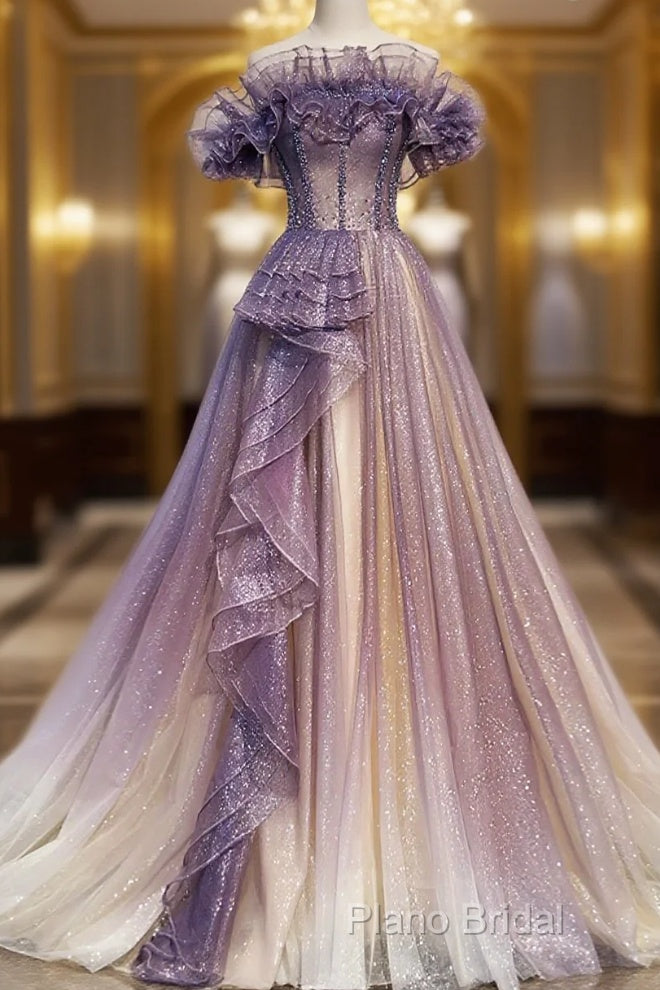 Lovely Purple Shiny Tulle Off Shoulder Formal Dresses, Purple Long Formal Prom Dresses Main image