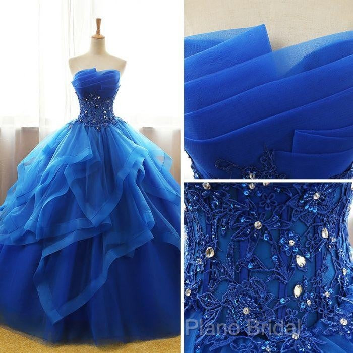 Lovely Royal Blue Tulle Formal Prom Dresses, Blue Sweet 16 Dresses