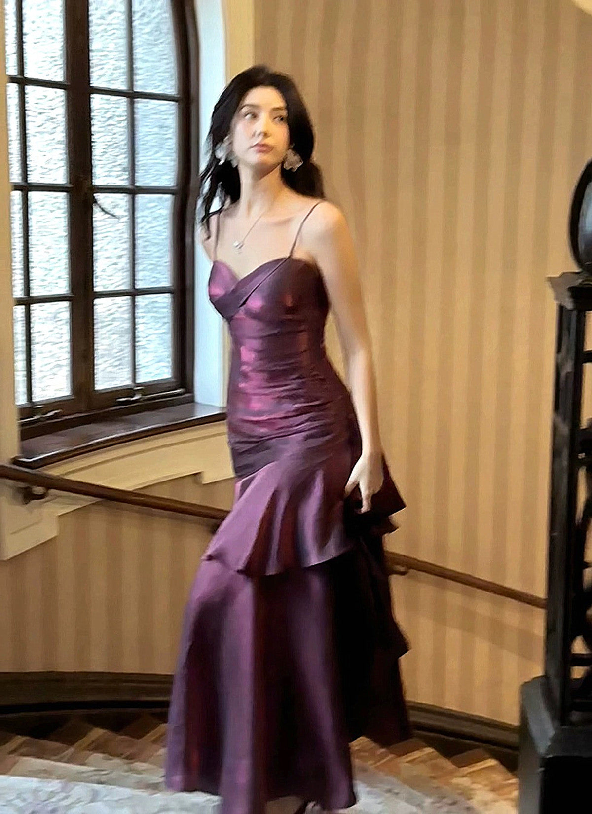 Lovely Satin Purple Straps Mermaid Long Formal Dresses, Purple Formal Prom Dresses Party Dresses Main image