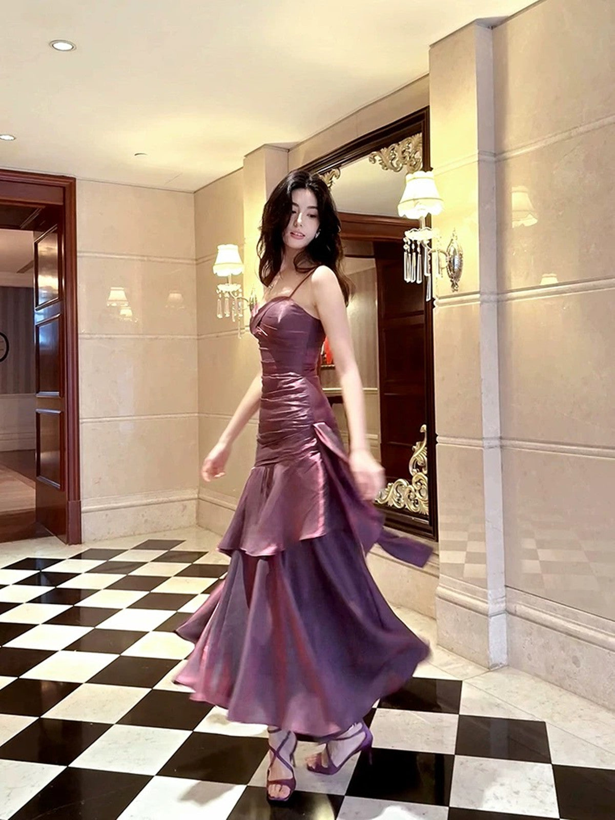Lovely Satin Purple Straps Mermaid Long Formal Dresses, Purple Formal Prom Dresses Party Dresses