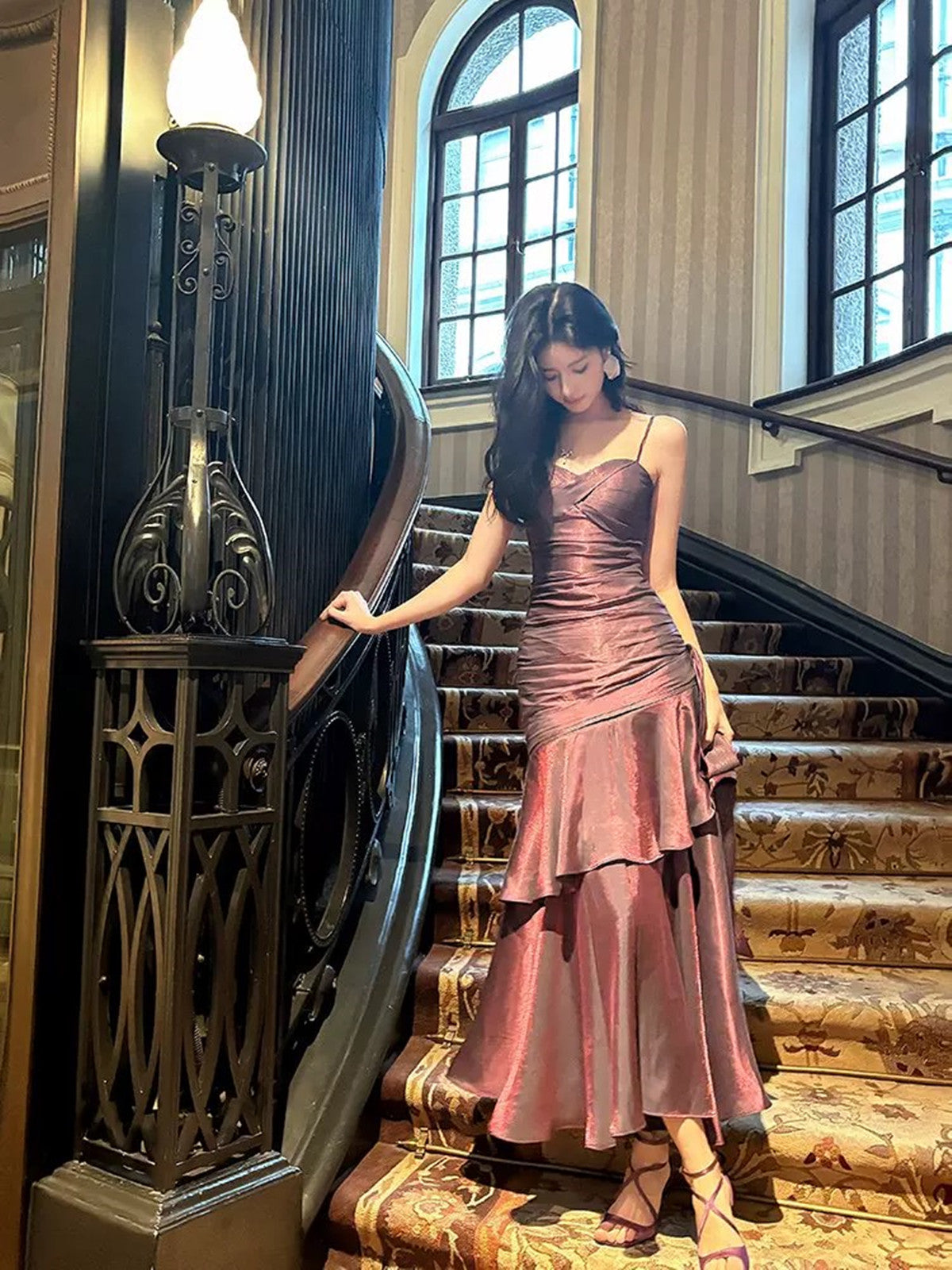 Lovely Satin Purple Straps Mermaid Long Formal Dresses, Purple Formal Prom Dresses Party Dresses