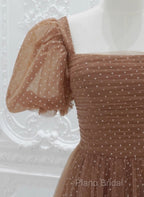 Lovely Simple Tulle Short Sleeves A-Line Party Dresses, Long Tulle Formal Dresses Formal Dresses