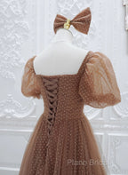 Lovely Simple Tulle Short Sleeves A-Line Party Dresses, Long Tulle Formal Dresses Formal Dresses