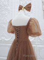 Lovely Simple Tulle Short Sleeves A-Line Party Dresses, Long Tulle Formal Dresses Formal Dresses