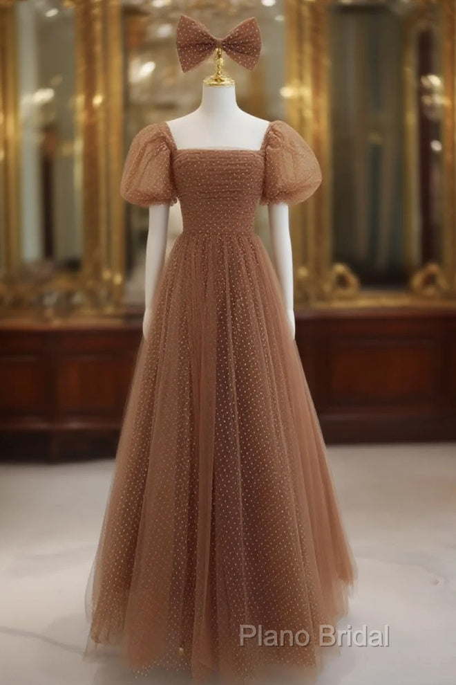 Lovely Simple Tulle Short Sleeves A-Line Party Dresses, Long Tulle Formal Dresses Formal Dresses Main image