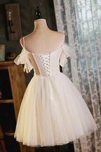 Lovely Spaghetti Strap Tulle Short Formal Prom Dresses, Light Champagne A-Line Formal Party Dresses