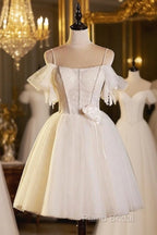 Lovely Spaghetti Strap Tulle Short Formal Prom Dresses, Light Champagne A-Line Formal Party Dresses