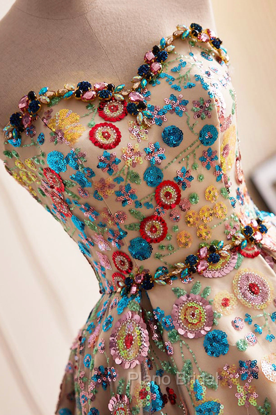 Lovely Sweetheart Floral Sequin Long Formal Prom Dresses, A-Line Strapless Evening Dresses