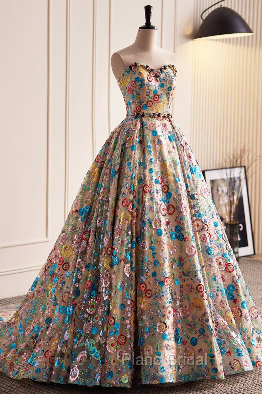 Lovely Sweetheart Floral Sequin Long Formal Prom Dresses, A-Line Strapless Evening Dresses