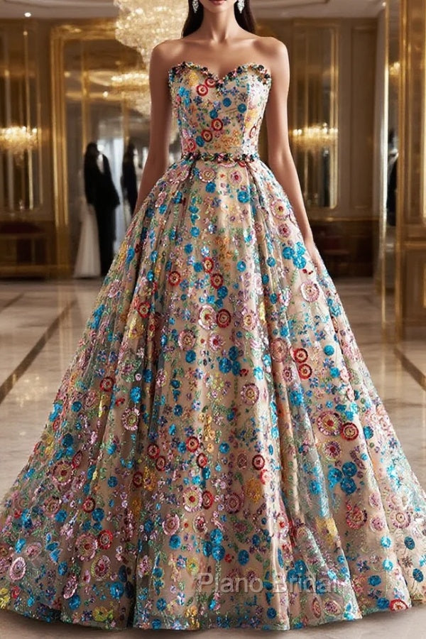 Lovely Sweetheart Floral Sequin Long Formal Prom Dresses, A-Line Strapless Evening Dresses Main image