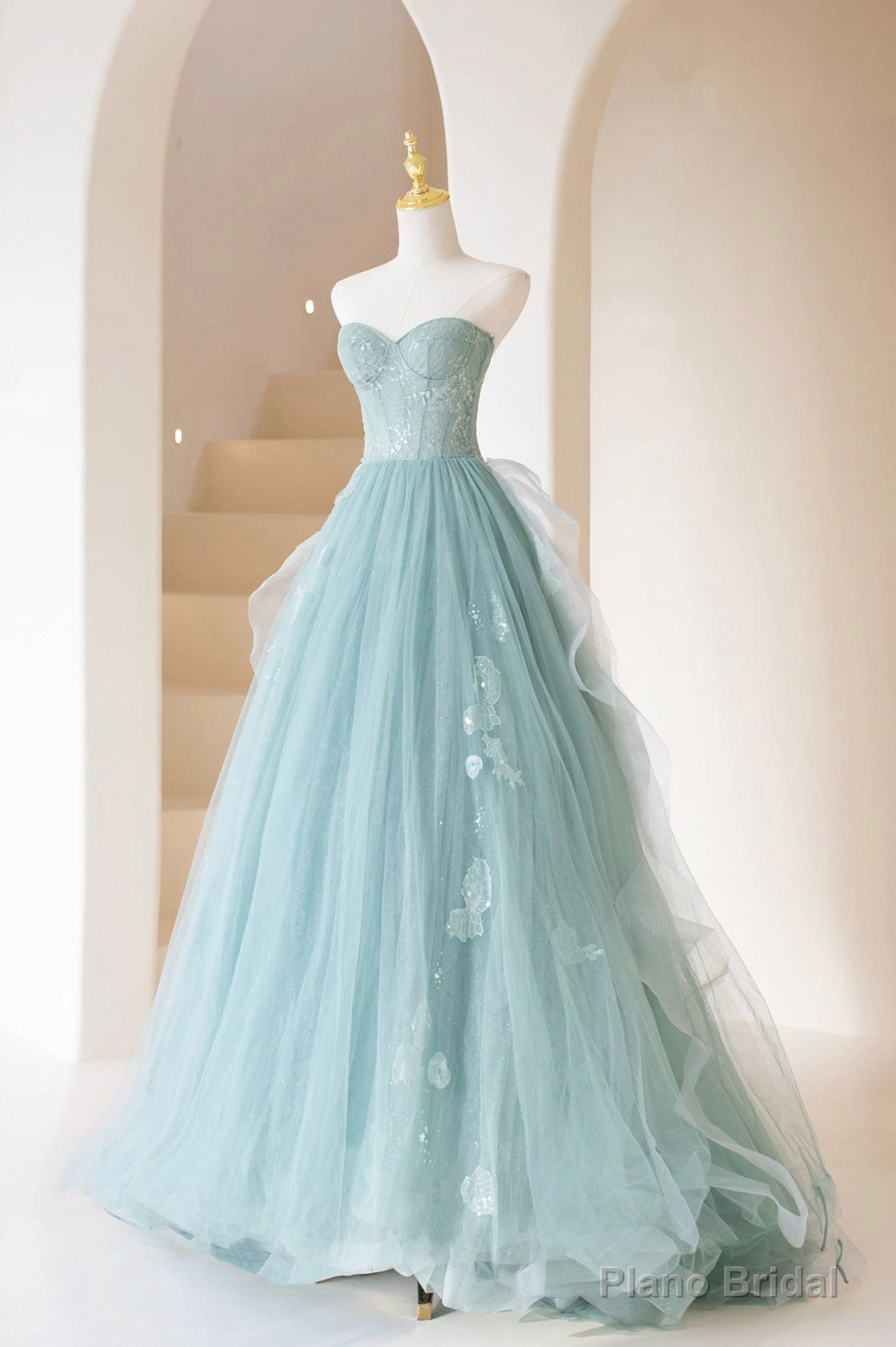 Lovely Sweetheart Neckline Tulle Long Prom Dress with Lace, Strapless Evening Dress Secondary image