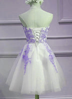Lovely Sweetheart White Tulle With Purple Lace, Cute Party Dresses