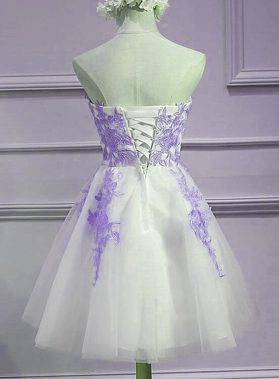 Lovely Sweetheart White Tulle With Purple Lace, Cute Party Dresses