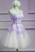 Lovely Sweetheart White Tulle With Purple Lace, Cute Party Dresses
