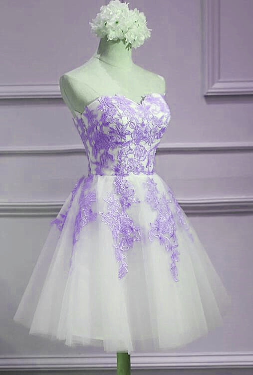 Lovely Sweetheart White Tulle With Purple Lace, Cute Party Dresses