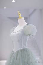 Lovely Tulle Floor Length Prom Dress, A-Line Short Sleeve Evening Party Dress