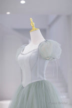 Lovely Tulle Floor Length Prom Dress, A-Line Short Sleeve Evening Party Dress