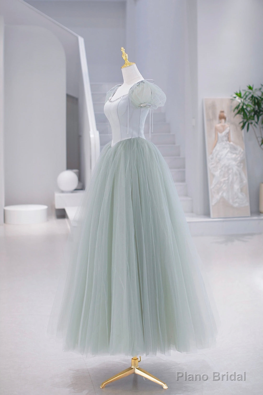 Lovely Tulle Floor Length Prom Dress, A-Line Short Sleeve Evening Party Dress Main image