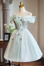 Lovely Tulle Knee Length Green Party Dress, Off the Shoulder A-Line Evening Dress