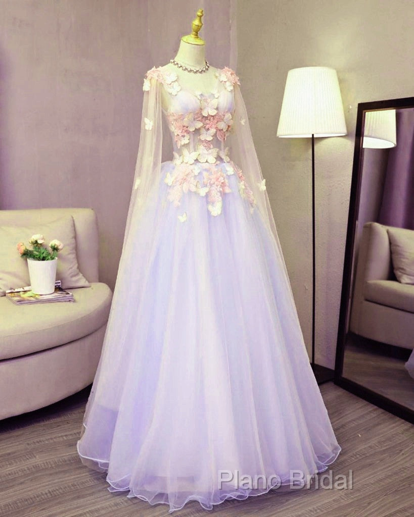 Lovely Tulle Lavender Long Formal Dresses With Lace Applique, Sweet 16 Dresses