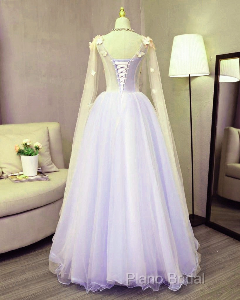 Lovely Tulle Lavender Long Formal Dresses With Lace Applique, Sweet 16 Dresses