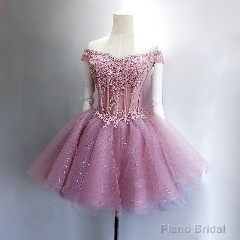 Lovely Tulle Light Pink-Purple Mini Party Dress, Lovely Off Shoulder Lace-up Homecoming Dress Main image