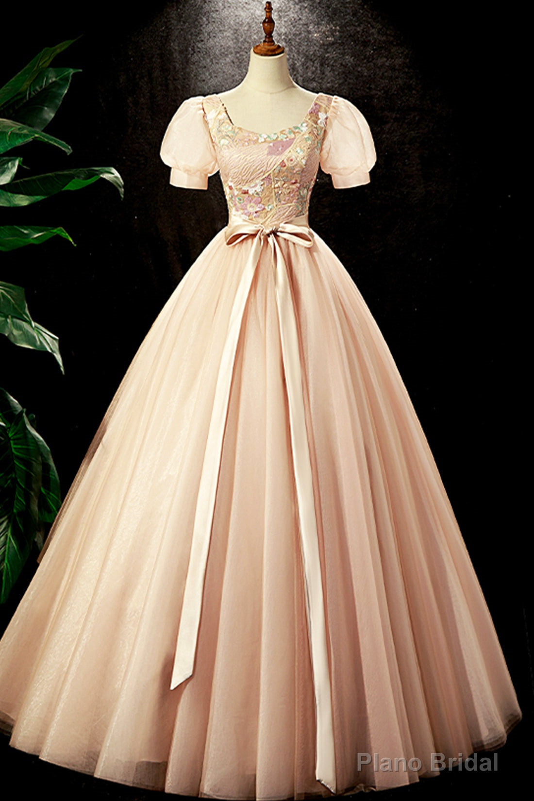 Lovely Tulle Sequins Long Prom Dress, A-Line Short Sleeve Evening Party dress Secondary image