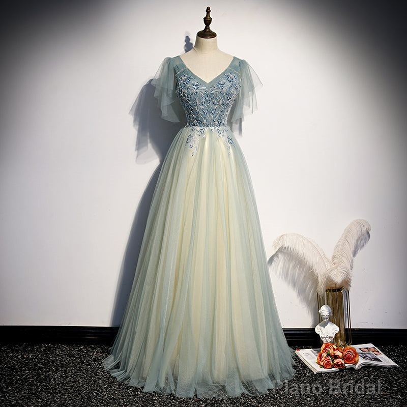 Lovely Tulle with Beaded V-neckline Long Party Dress, A-line Prom Dress Evening Dress