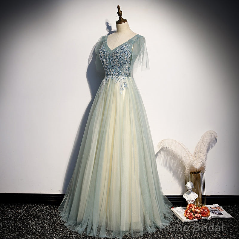Lovely Tulle with Beaded V-neckline Long Party Dress, A-line Prom Dress Evening Dress Main image