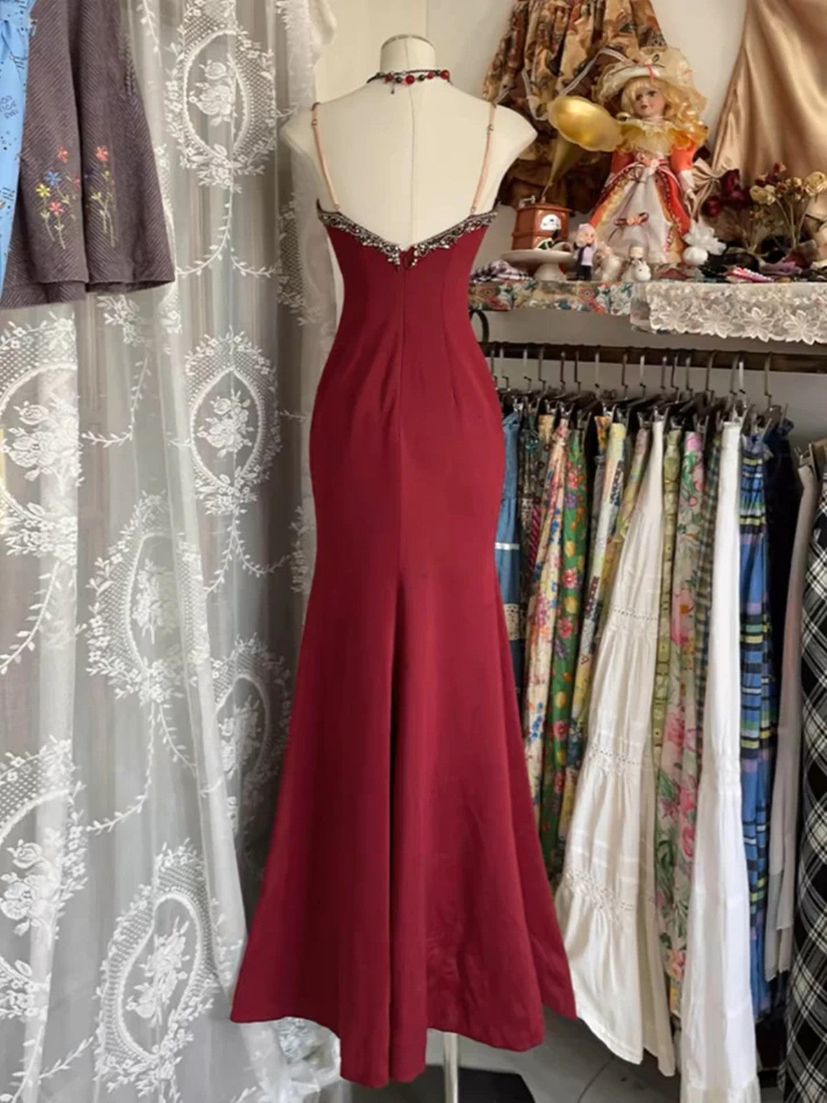 Lovely V-Neckline Straps Spandex With Lace Formal Prom Dresses, Long Formal Gowns With Leg Slit