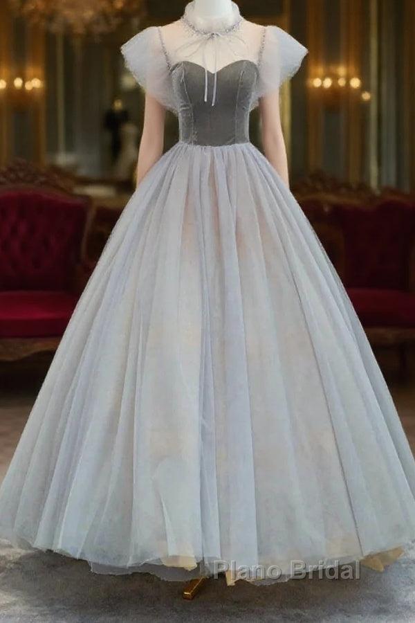 Lovely Velvet And Tulle Floor Length Formal Prom Dresses, Gray A-Line Formal Evening Dresses Main image