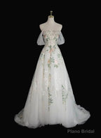 Lovely White Tulle with Floral Lace Off Shoulder Formal Dress, White Tulle Prom Dress