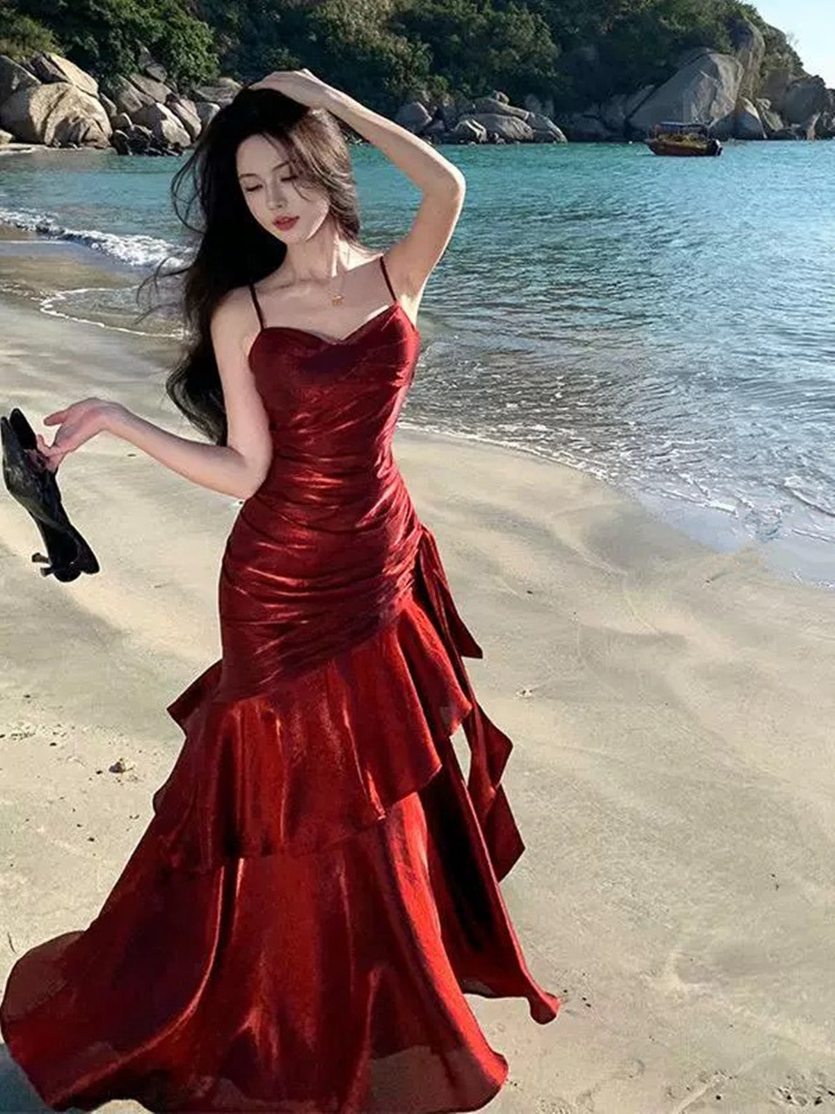 Lovely Wine Red Satin Mermaid Chic Sweetheart Formal Prom Dresses, Wine Red Satin Long Eveming Dresses Secondary image