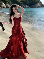 Lovely Wine Red Satin Mermaid Chic Sweetheart Formal Prom Dresses, Wine Red Satin Long Eveming Dresses