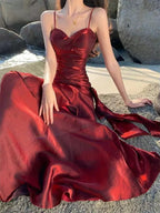 Lovely Wine Red Satin Mermaid Chic Sweetheart Formal Prom Dresses, Wine Red Satin Long Eveming Dresses