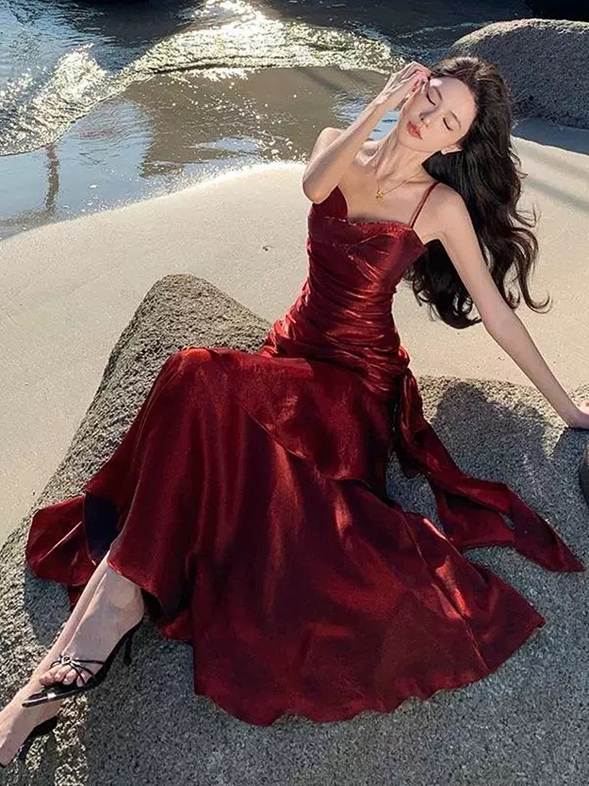 Lovely Wine Red Satin Mermaid Chic Sweetheart Formal Prom Dresses, Wine Red Satin Long Eveming Dresses