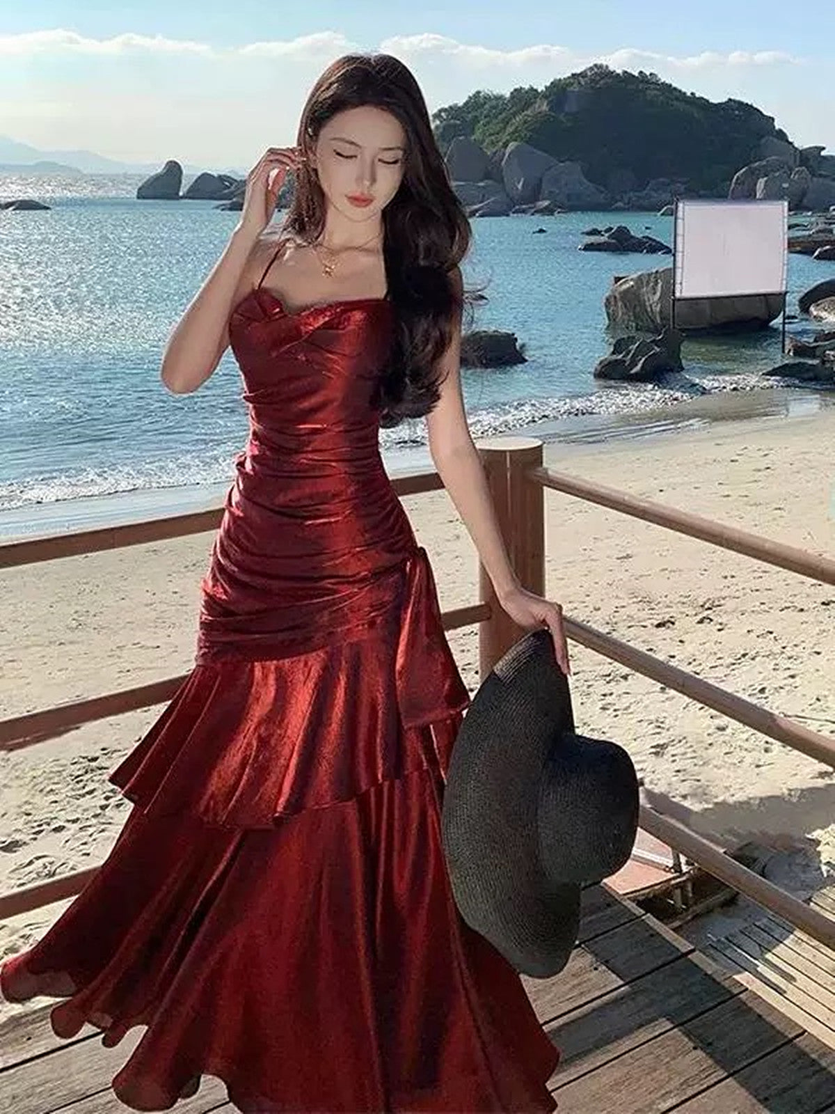 Lovely Wine Red Satin Mermaid Chic Sweetheart Formal Prom Dresses, Wine Red Satin Long Eveming Dresses