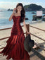Lovely Wine Red Satin Mermaid Chic Sweetheart Formal Prom Dresses, Wine Red Satin Long Eveming Dresses