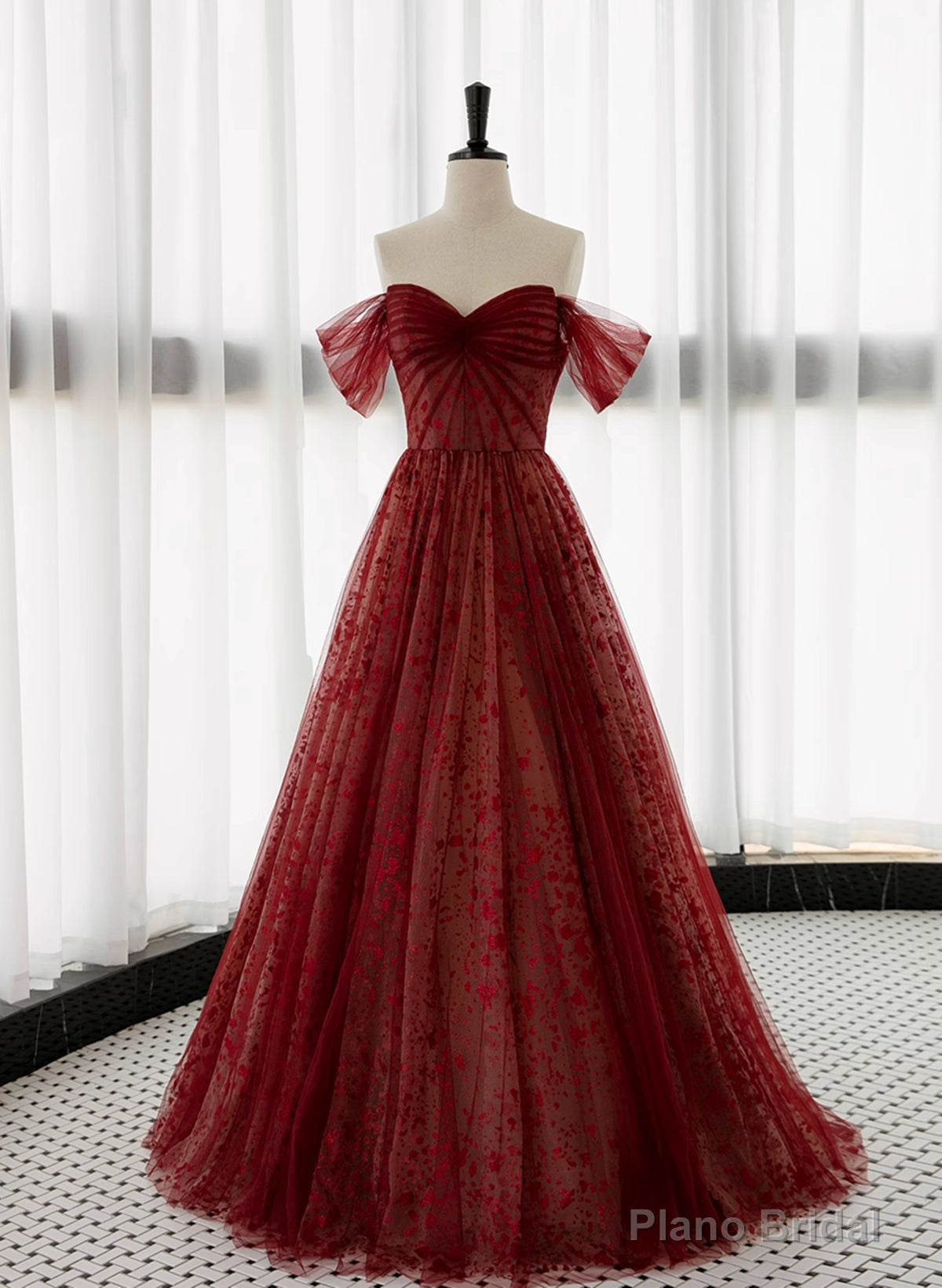 Lovely Wine Red Tulle Sweetheart Long Formal Dress, Off Shoulder Wine Red Prom Dress Secondary image