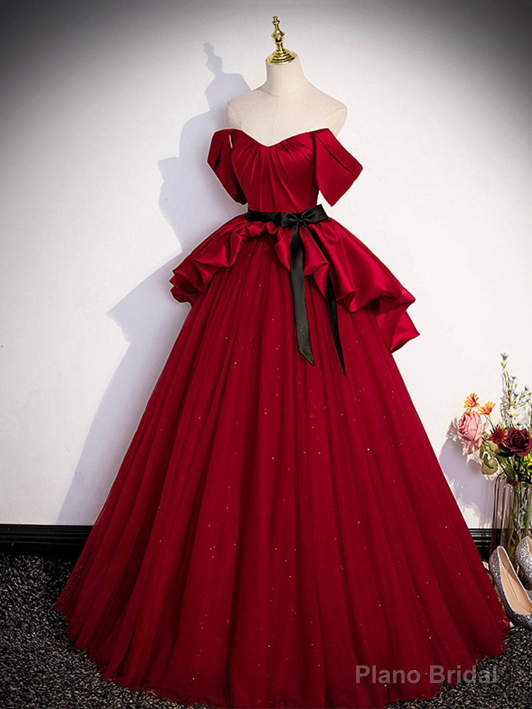 Burgundy Sweetheart Neck Formal Dress, A-Line Tulle Floor Length Prom Dress Main image