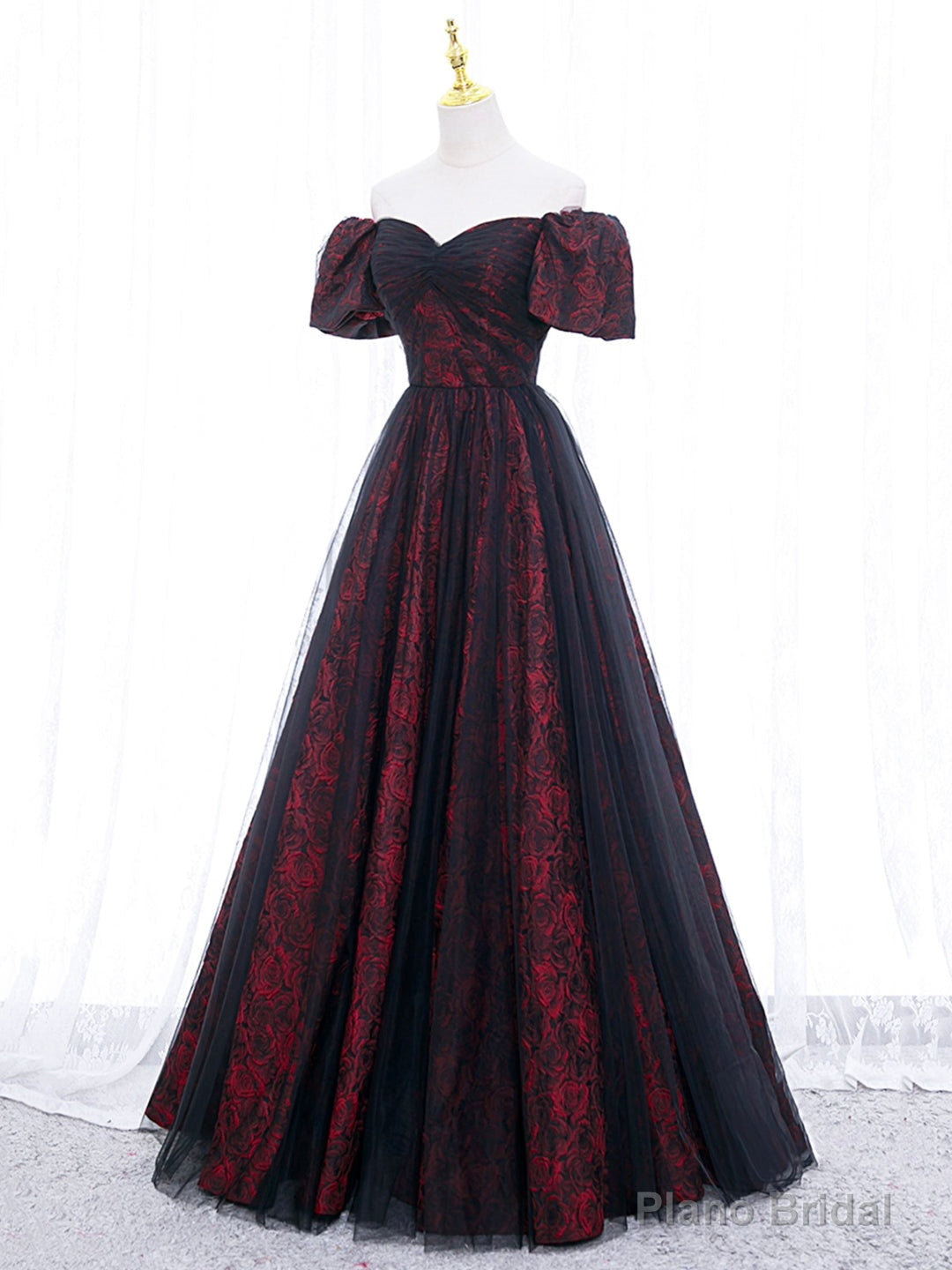 Black Tulle A-Line Prom Dress with Rose Print, Black Off Shoulder Evening Party Dress Main image