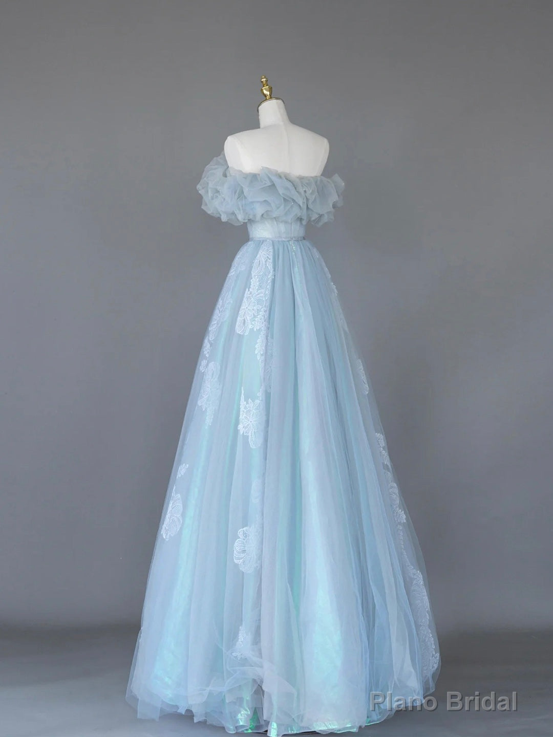 Light Blue Tulle Lace Long Prom Dress, Beautiful Off Shoulder Evening Party Dress Main image