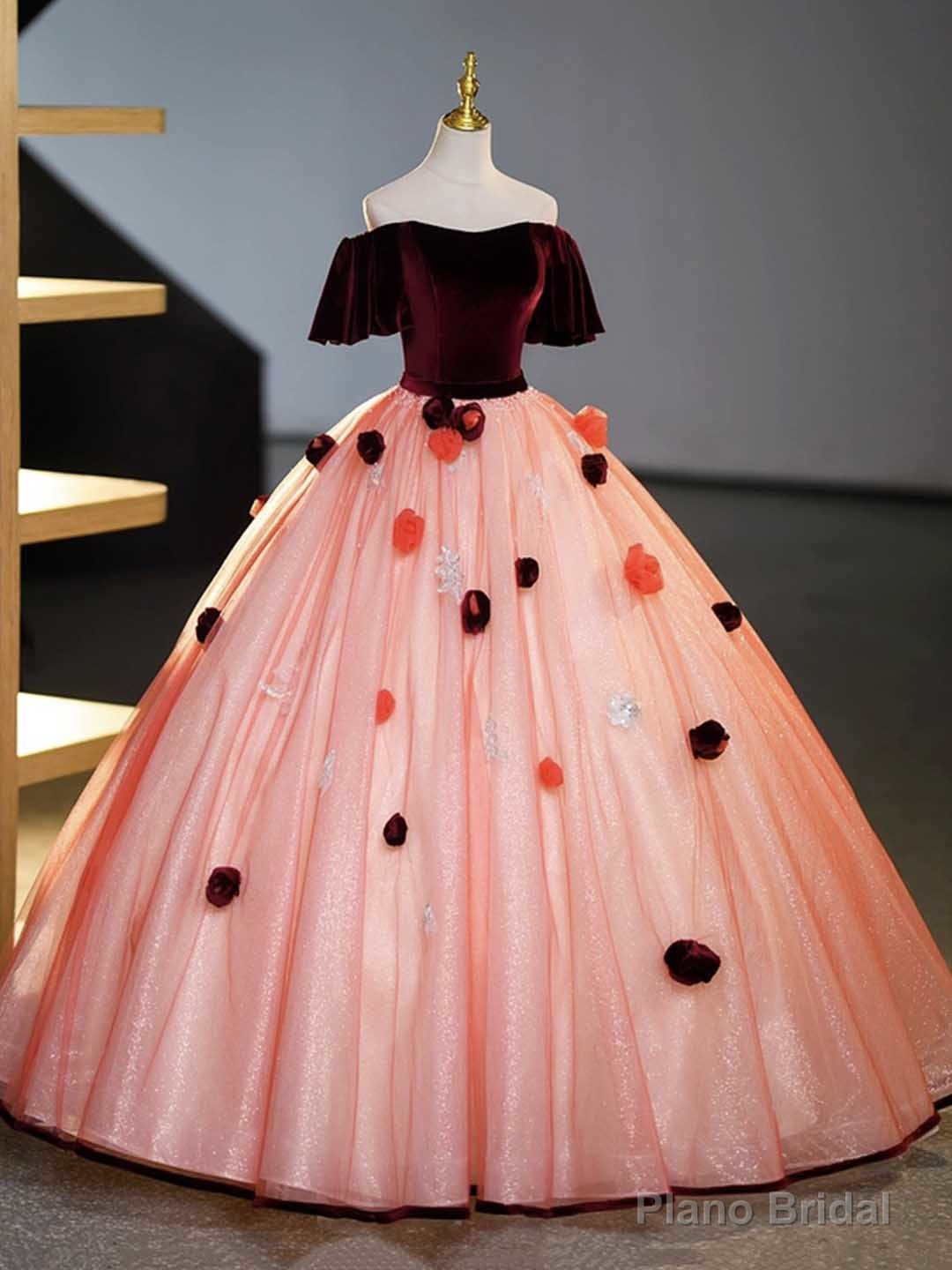 Burgundy Velvet Tulle Long Formal Dress, Off the Shoulder Sweet Flower Party Dress Main image