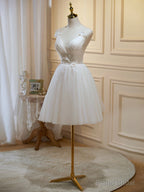 Ivory V-Neck Lace Straps Party Dress, Ivory Knee Length Prom Dress