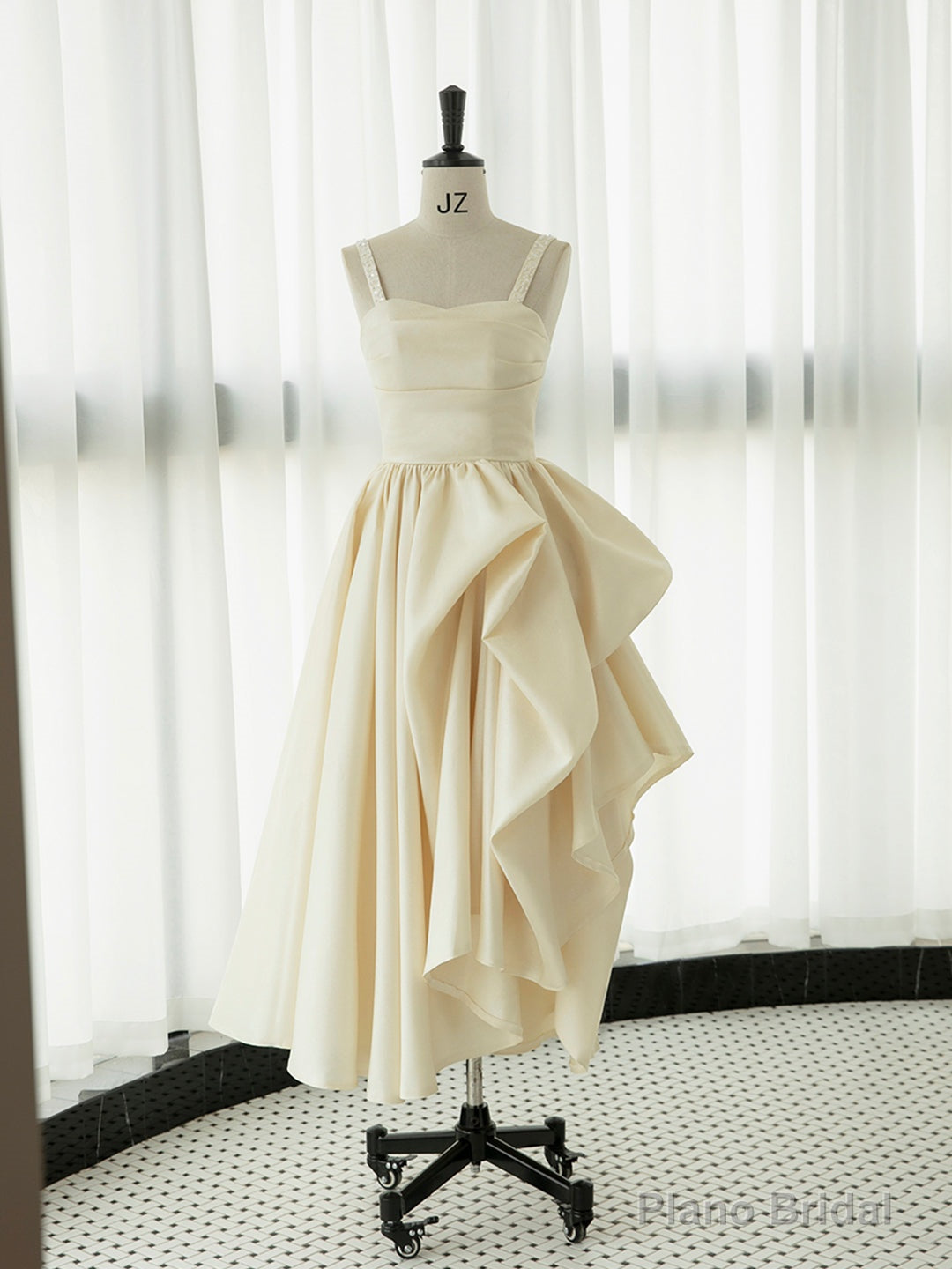 Irregular Champagne Tea Length Prom Dress, Simple A-Line Evening Party Dress Main image